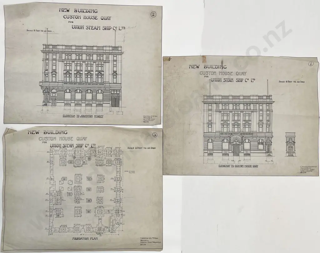 Rare 1909 Set Of 38 Architects Working Drawings For A New Building Custom House Quay For Union Steam Ship Co Designed and drawn by Crighton & McKay Image 1++
