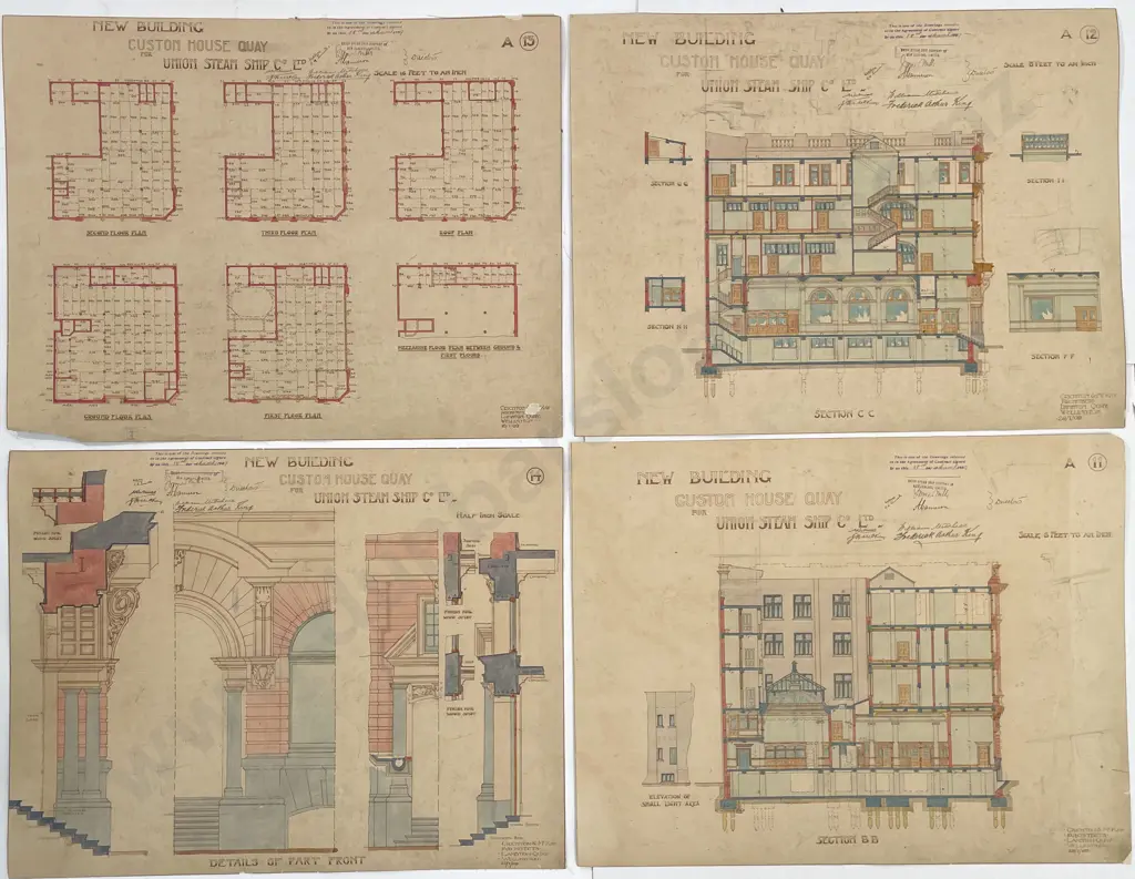 Rare 1909 Set Of 38 Architects Working Drawings For A New Building Custom House Quay For Union Steam Ship Co Designed and drawn by Crighton & McKay Image 1++