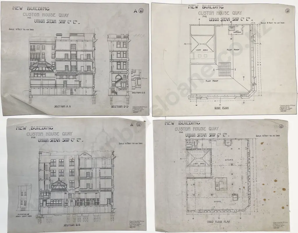 Rare 1909 Set Of 38 Architects Working Drawings For A New Building Custom House Quay For Union Steam Ship Co Designed and drawn by Crighton & McKay Image 1++