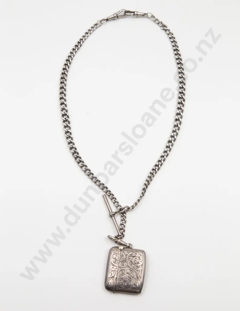 Edwardian S/S Graduated Curb Link Albert Chain and Vesta Image 1++