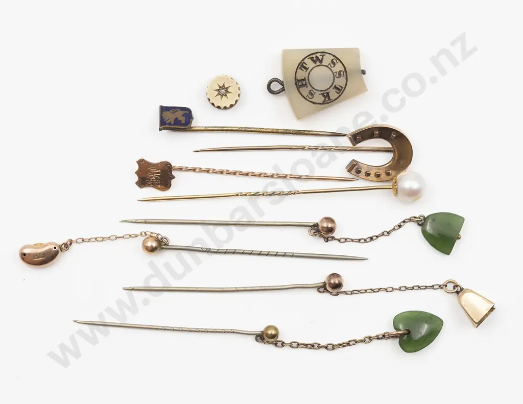 Collection Seven Gold Greenstone and Pearl Stick Pins Image 1++