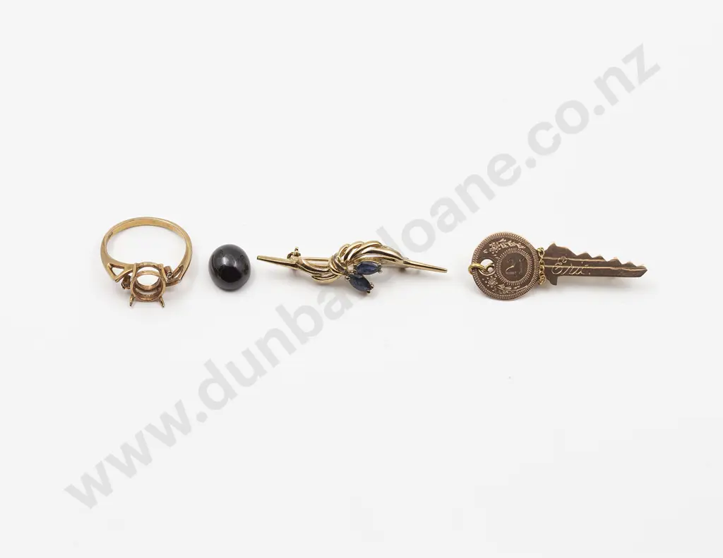 9ct 21st Key Brooch with two stone sapphire brooch and 18ct plate ring mount Image 1++