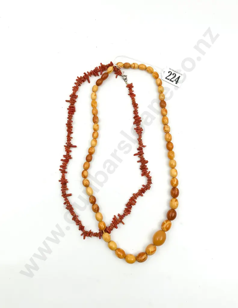 Vintage Single Strand Graduated Amber and Coral Bead Necklaces Image 1++