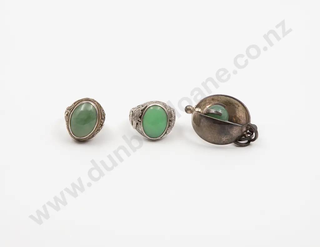 Two Chinese Silver and Jade Style Rings Image 1++