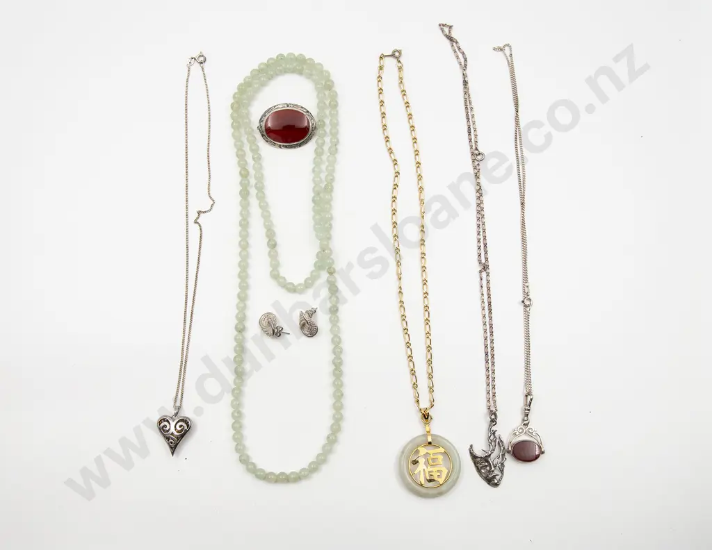 S/S Swivel Fob on Chain with carnelian brooch s/s heart pendant other & bead necklace Image 1++