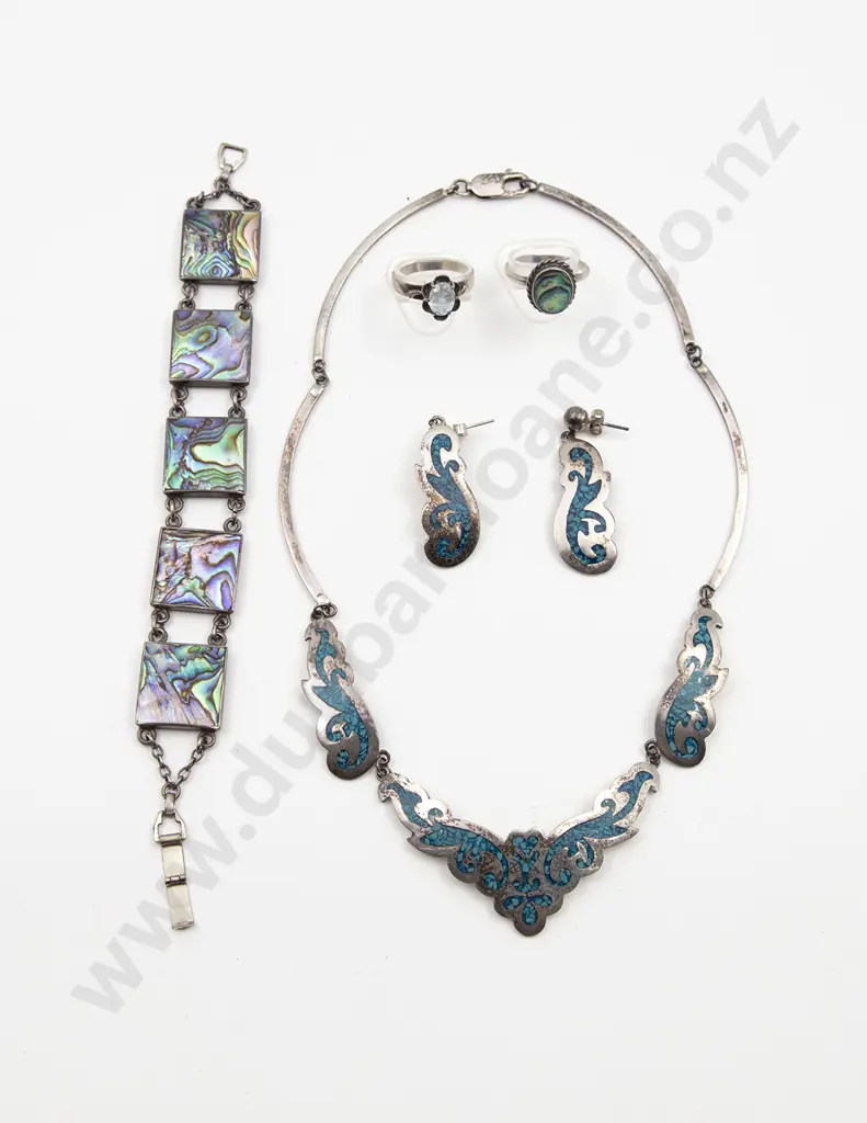 NZ Silver Paua Bracelet with s/s turquoise necklace earrings and two rings Image 1++