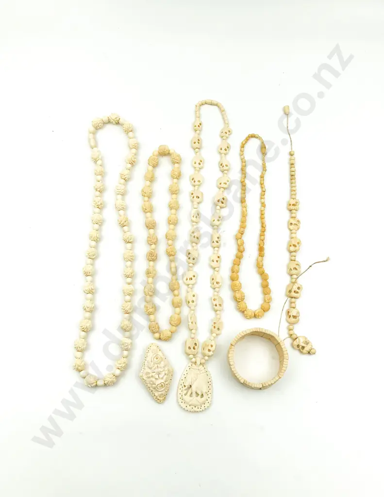 Four Vintage Carved Ivory and Bead Necklaces Image 1++