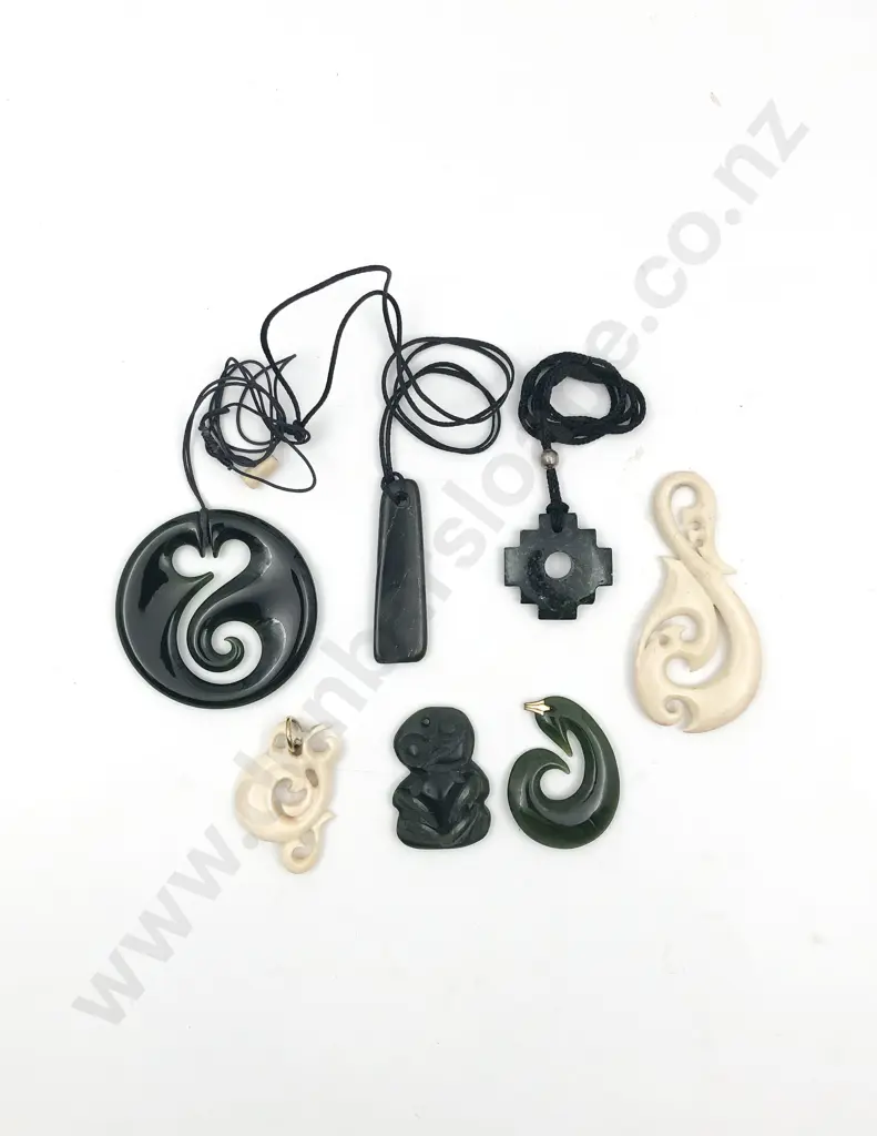 Seven Modern Greenstone and Carve Bone Pendants Image 1++