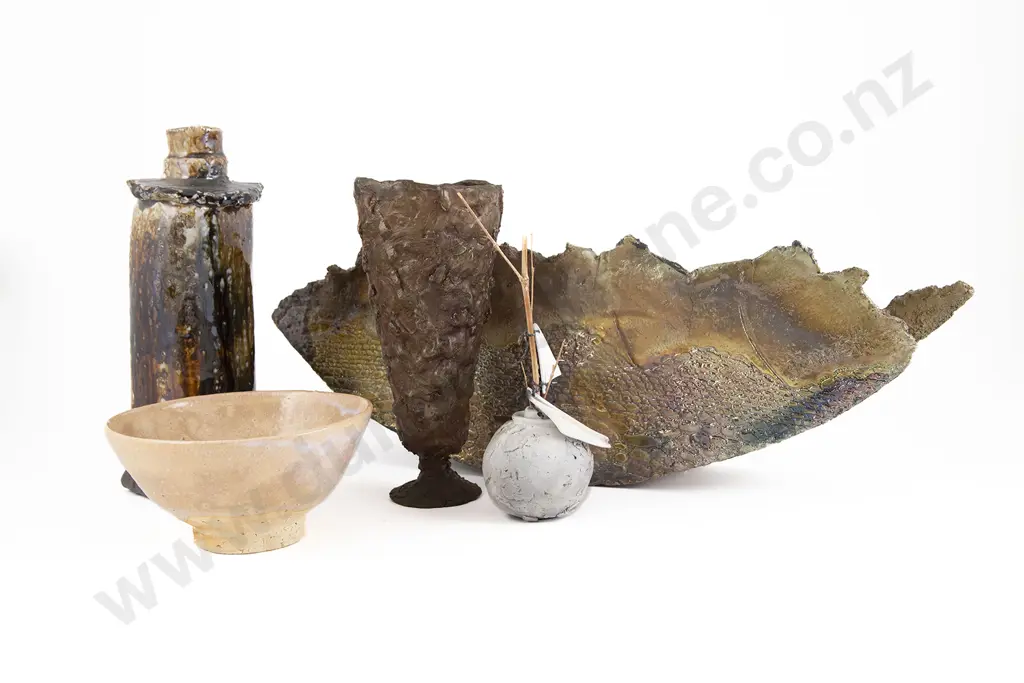 Maurice Bennett - Bronze Vessel & Four NZ Pottery Pieces Image 1++