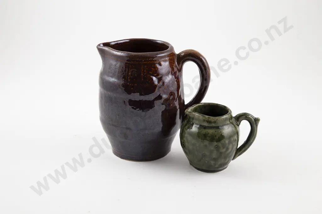 Luke Dams Brown Glazed Barrel Jug & Small Green Cream Jug Image 1++