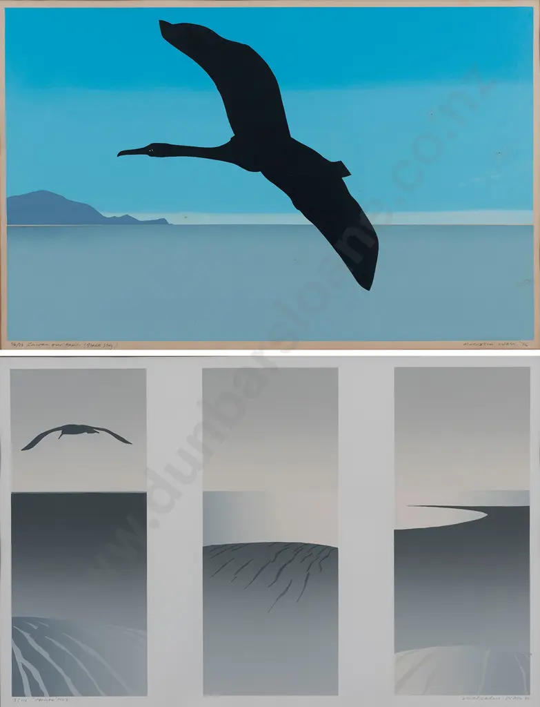 Malcolm Warr - 2 prints - Kawau over Kapiti (Black Shag) and Horizon No 8 Image 1++