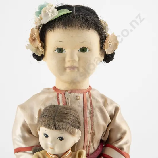 Original Basket Vintage Pair Chinese Bisque Dolls