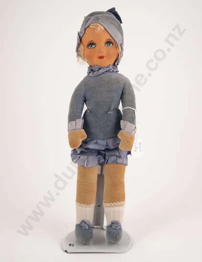 Two Deans Rag Book Dolls 'Frilly' and Knockabout Sheet Doll Frilly with painted features all original blue velvet and ribbon outfit Image 1++