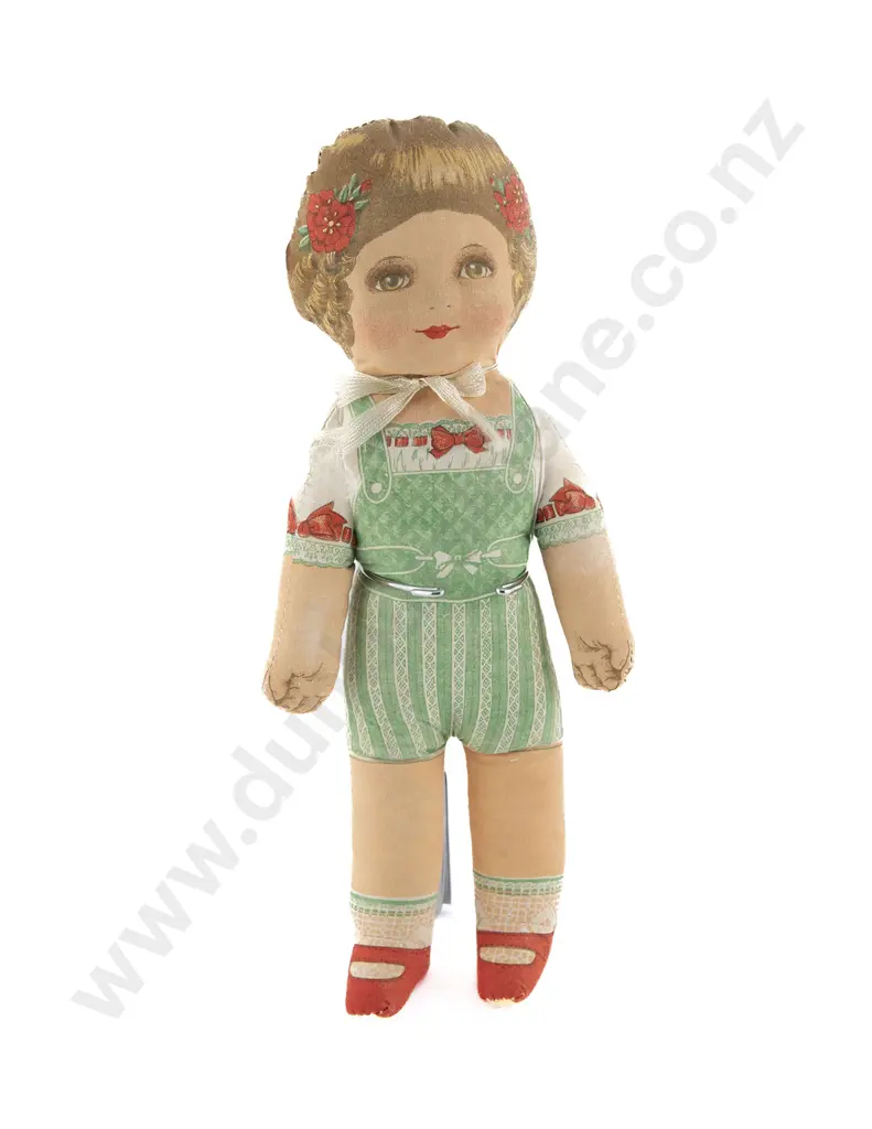 Two Deans Rag Book Dolls 'Frilly' and Knockabout Sheet Doll Frilly with painted features all original blue velvet and ribbon outfit Image 1++