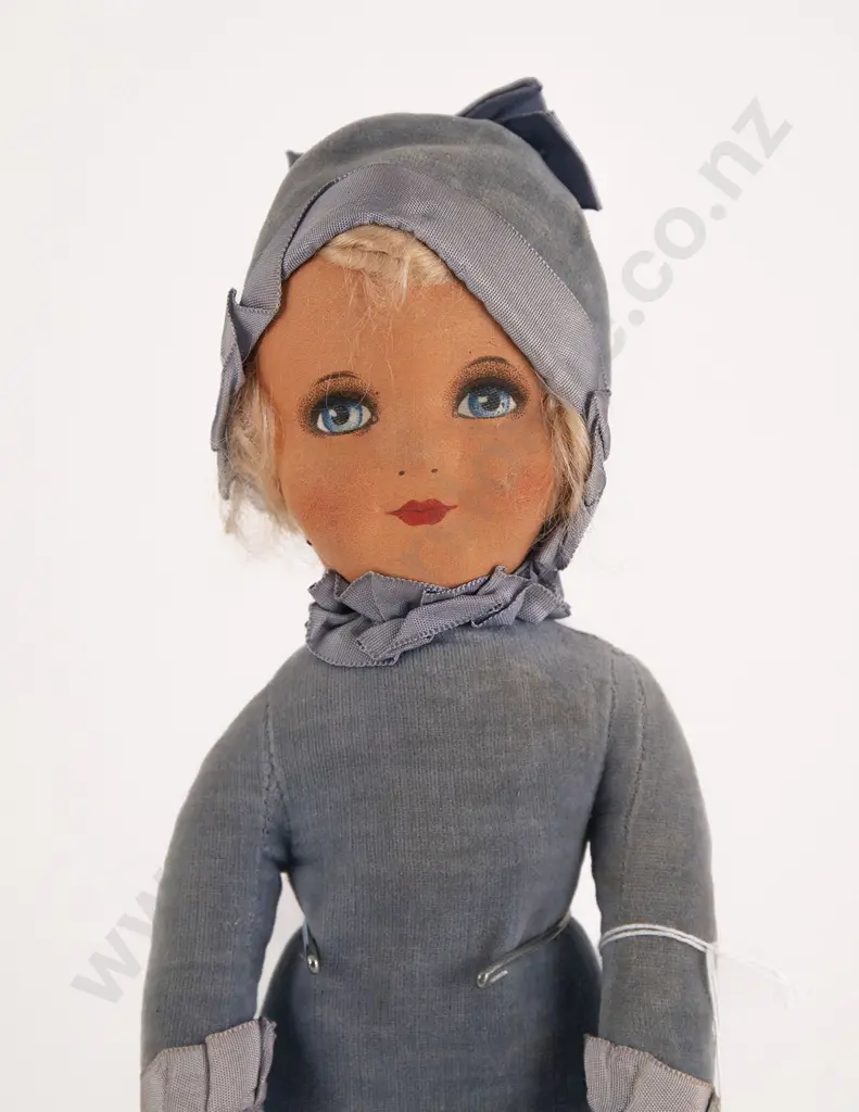 Two Deans Rag Book Dolls 'Frilly' and Knockabout Sheet Doll Frilly with painted features all original blue velvet and ribbon outfit Image 1++