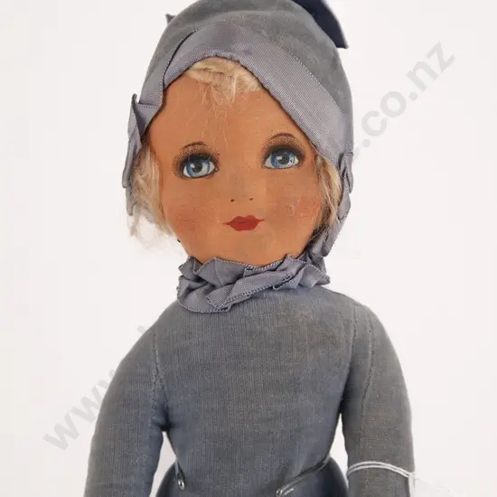 Two Deans Rag Book Dolls 'Frilly' and Knockabout Sheet Doll Frilly with painted features all original blue velvet and ribbon outfit