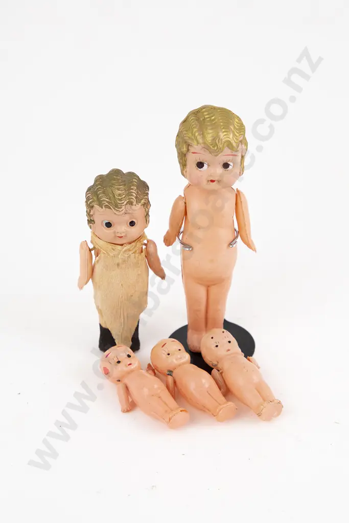 Two Celluloid Fairground Dolls and Three Kewpies Image 1++