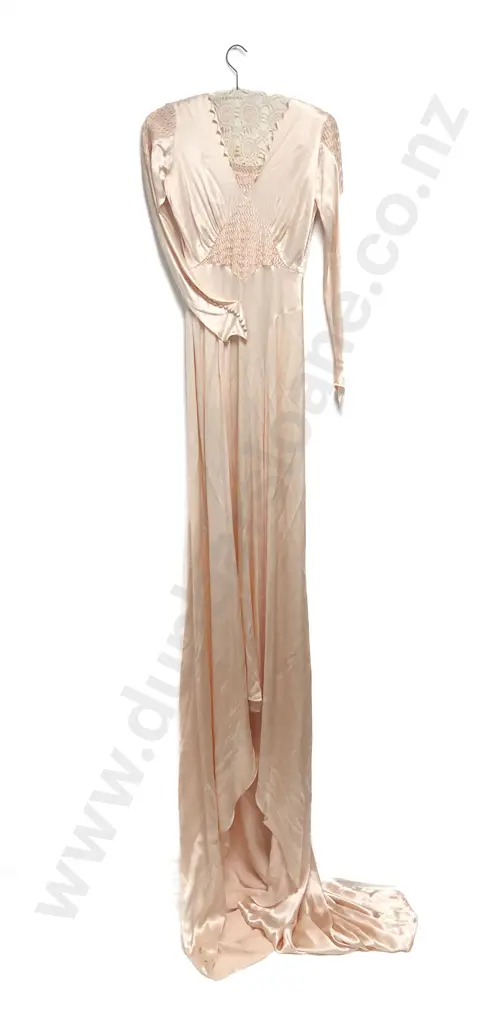 1930s - 40s Pale Peach Satin Ballgown with Train Image 1++