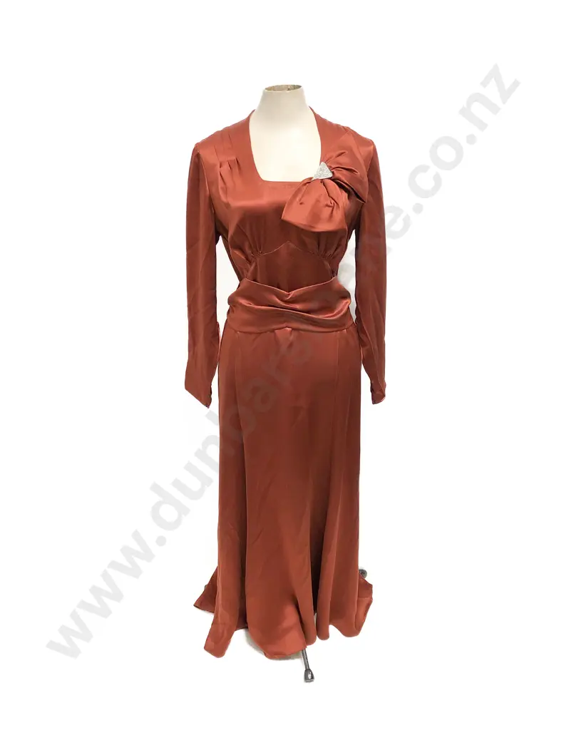 1930s - 40s Deep Orange Cocktail Gown with Diamante Dress Clip Accent Image 1++