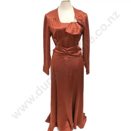 1930s - 40s Deep Orange Cocktail Gown with Diamante Dress Clip Accent