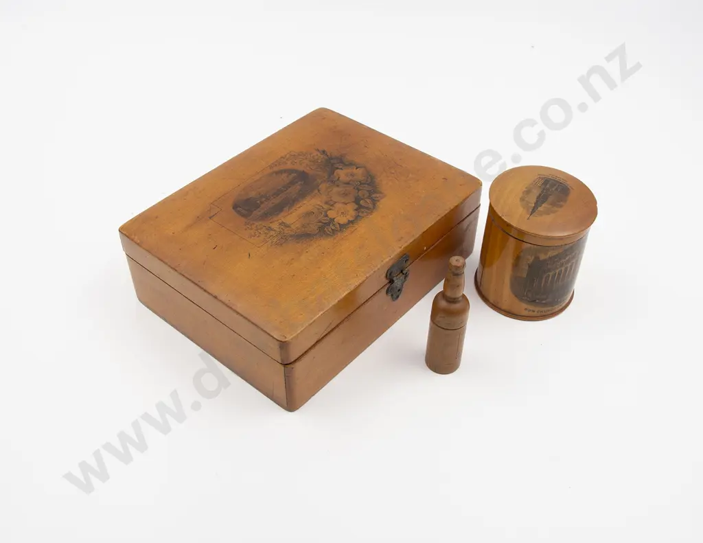 Late Victorian Mauchlineware Work Box with Canister & Treen Piece Image 1++