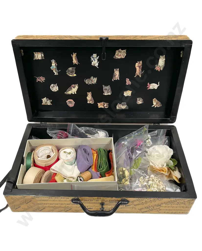 Quantity of Millinery Flowers & Ribbons in Storage Box Image 1++