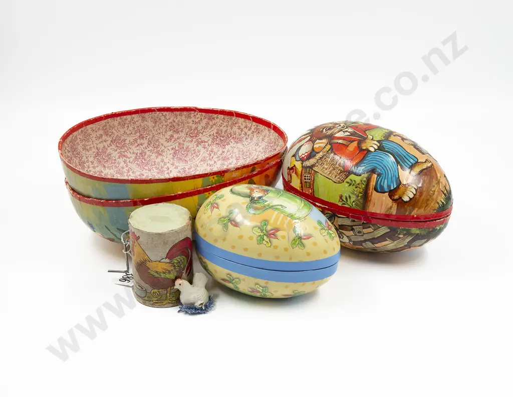 Three Vintage Papier Mache Easter Egg Cases & Hen Voice Box Image 1++