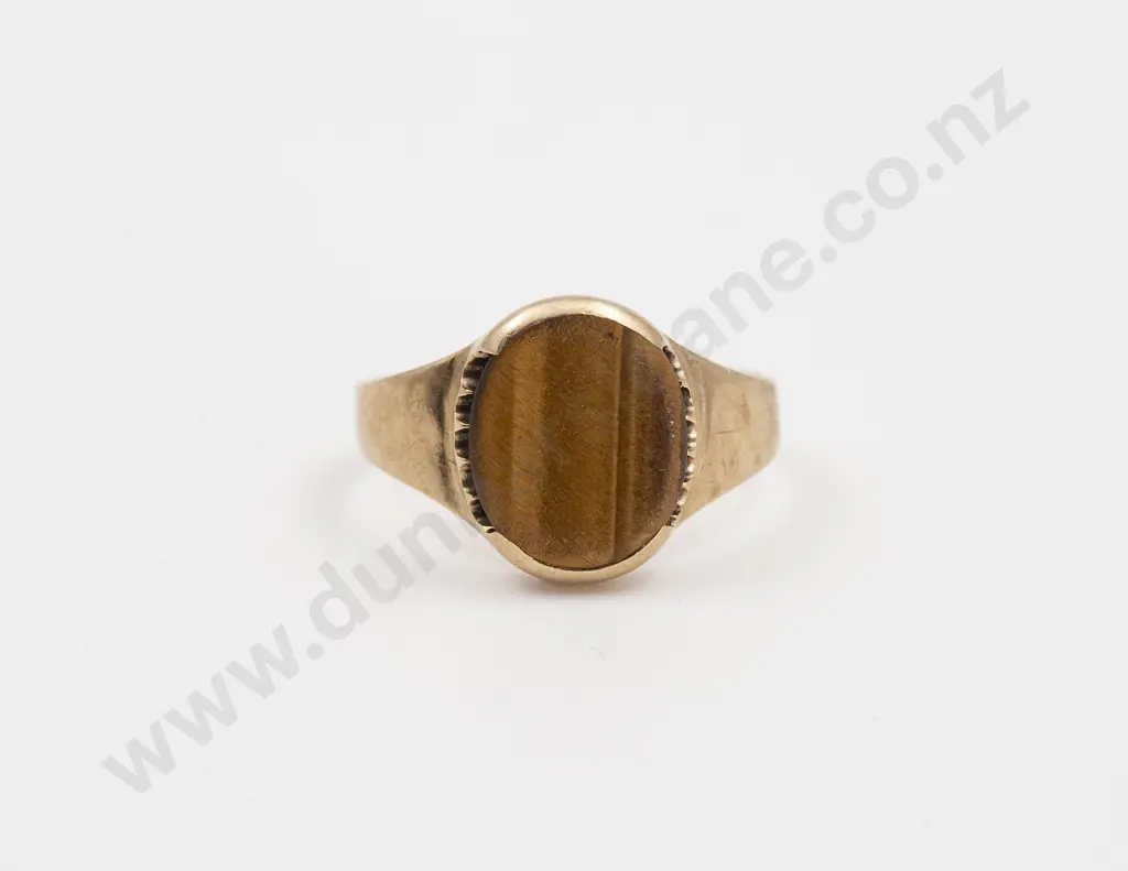 9ct Single Opal Panel Tiger Eye Signet Type Ring Image 1++