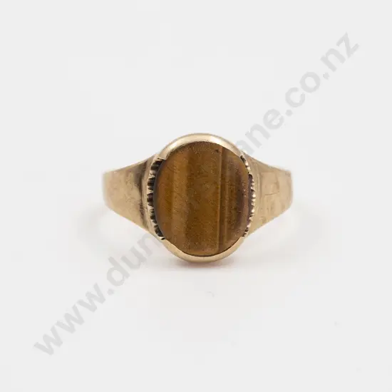 9ct Single Opal Panel Tiger Eye Signet Type Ring