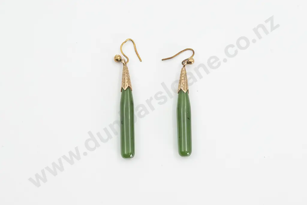 Pair 9ct Mounted Greenstone Pendant Earrings Image 1++