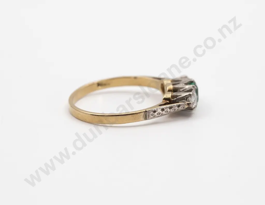 18ct Three Stone Emerald and Diamond Bridge Ring Image 1++