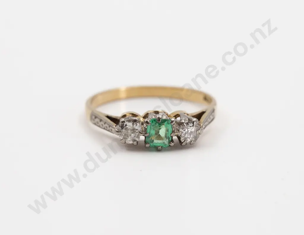 18ct Three Stone Emerald and Diamond Bridge Ring Image 1++