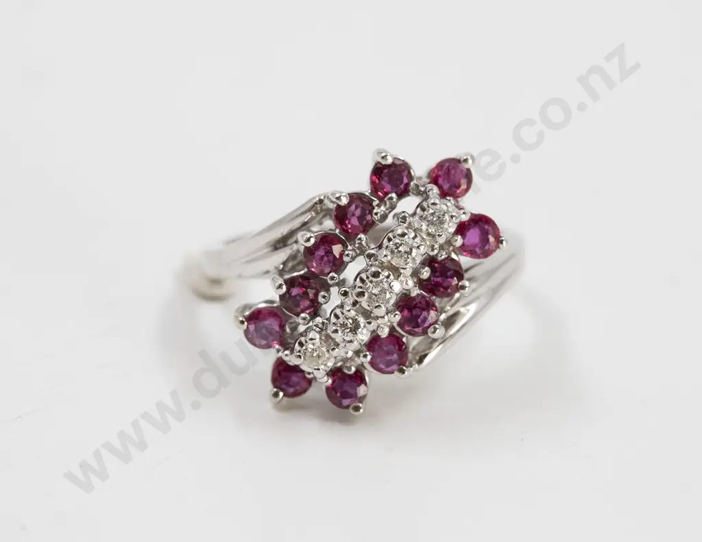 14ct White Gold 17stone Ruby and Diamond Cluster Ring Image 1++