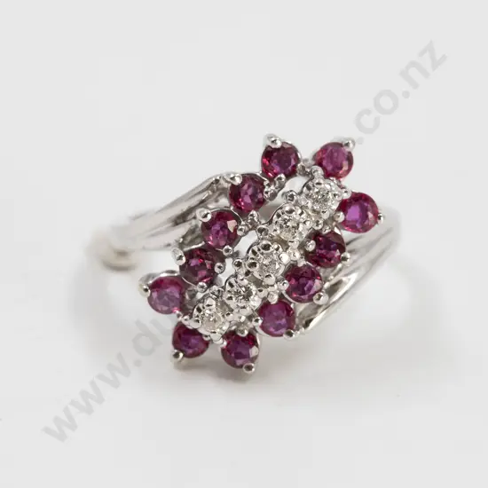 14ct White Gold 17stone Ruby and Diamond Cluster Ring