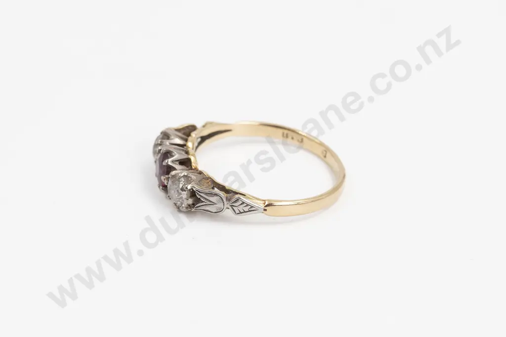 Early C20th 18ct Three Stone Ruby Paste and Diamond Bridge Ring Image 1++