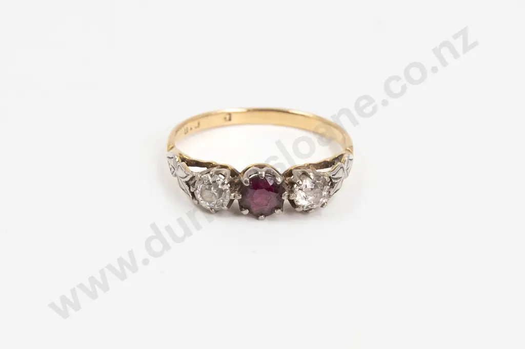 Early C20th 18ct Three Stone Ruby Paste and Diamond Bridge Ring Image 1++