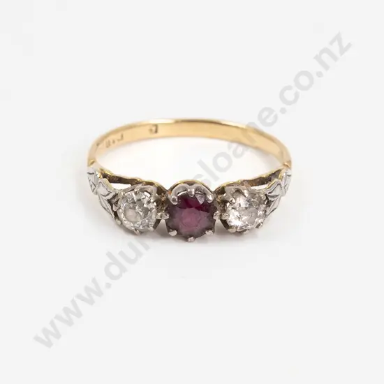 Early C20th 18ct Three Stone Ruby Paste and Diamond Bridge Ring