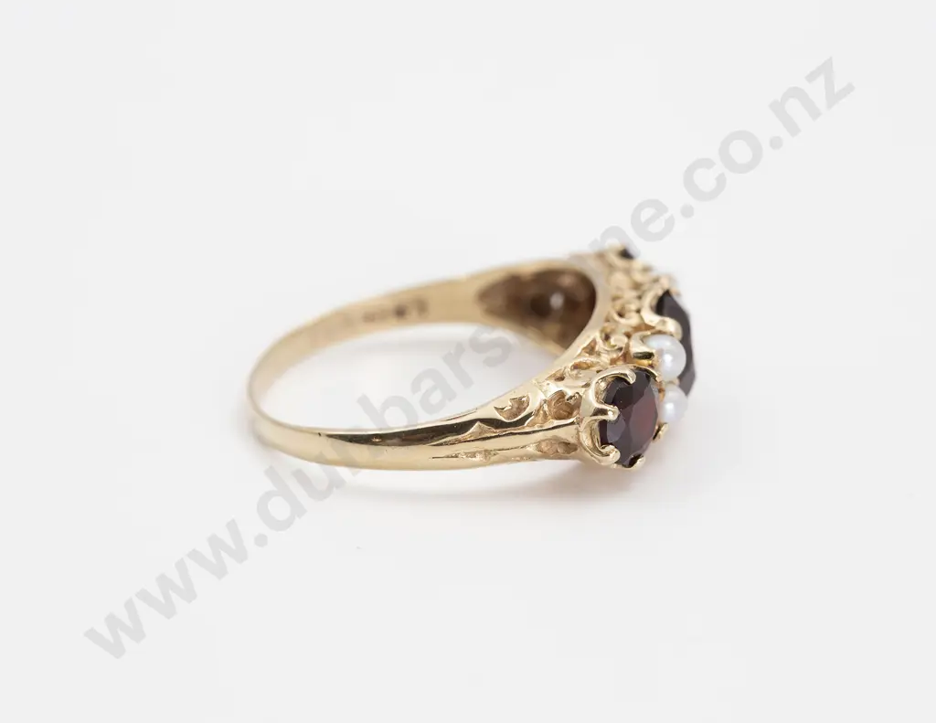 9ct Seven Stone Garnet and Pearl Bridge Ring Image 1++