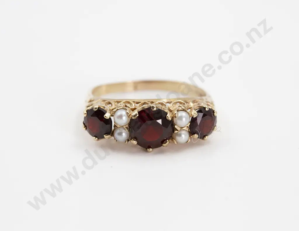 9ct Seven Stone Garnet and Pearl Bridge Ring Image 1++