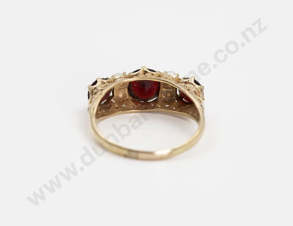 9ct Seven Stone Garnet and Pearl Bridge Ring Image 1++