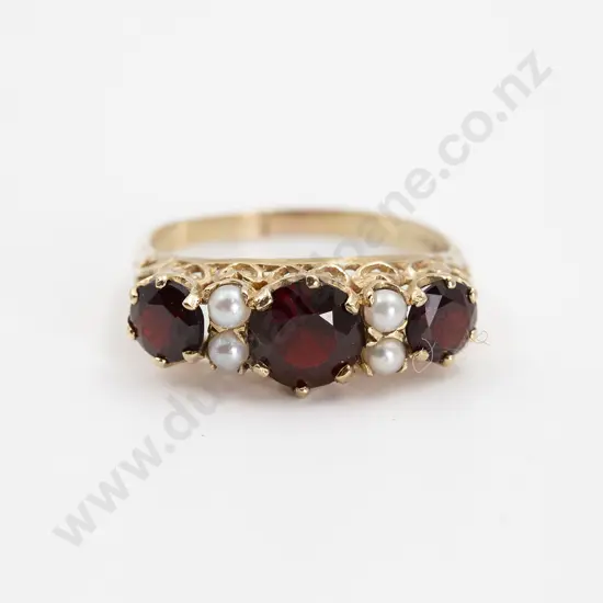 9ct Seven Stone Garnet and Pearl Bridge Ring