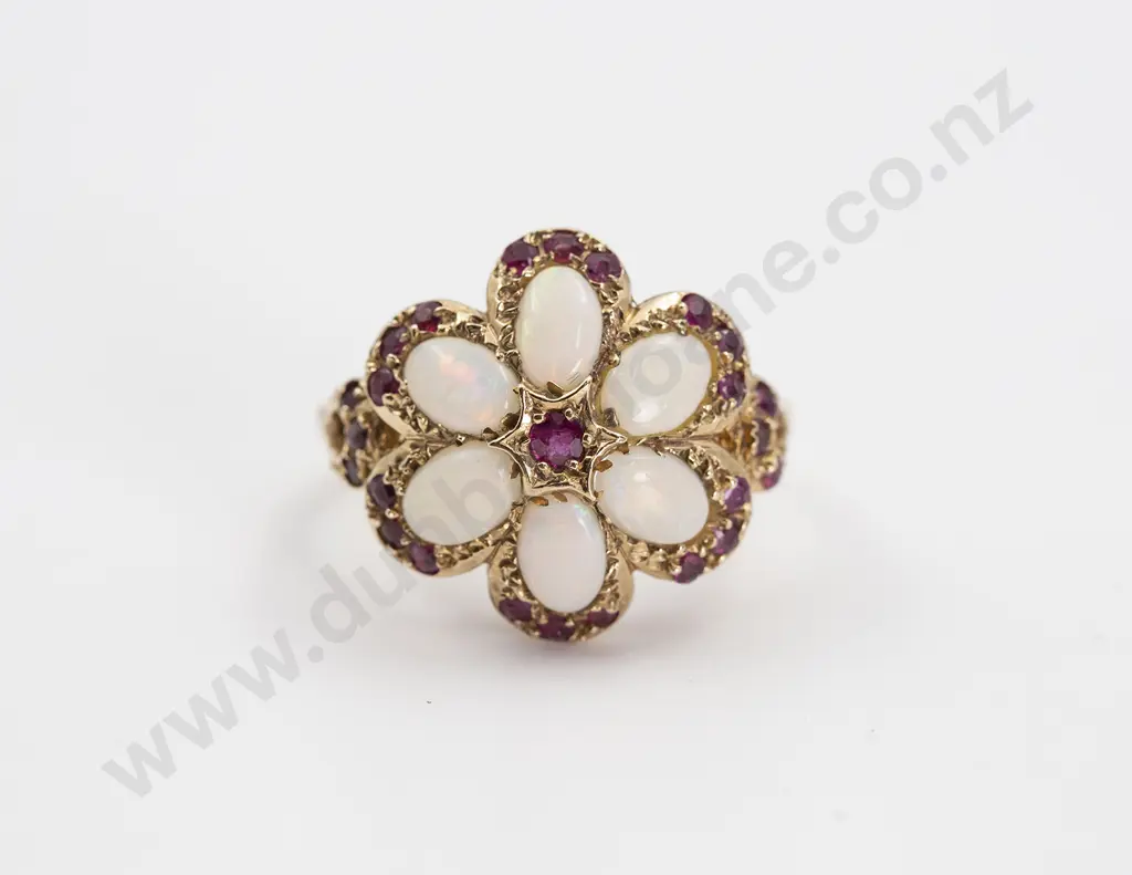 9ct Six Stone Milk Opal and Ruby Cluster Ring Image 1++