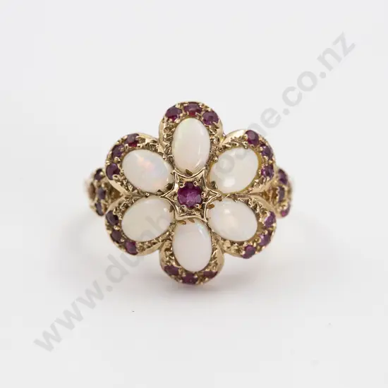 9ct Six Stone Milk Opal and Ruby Cluster Ring