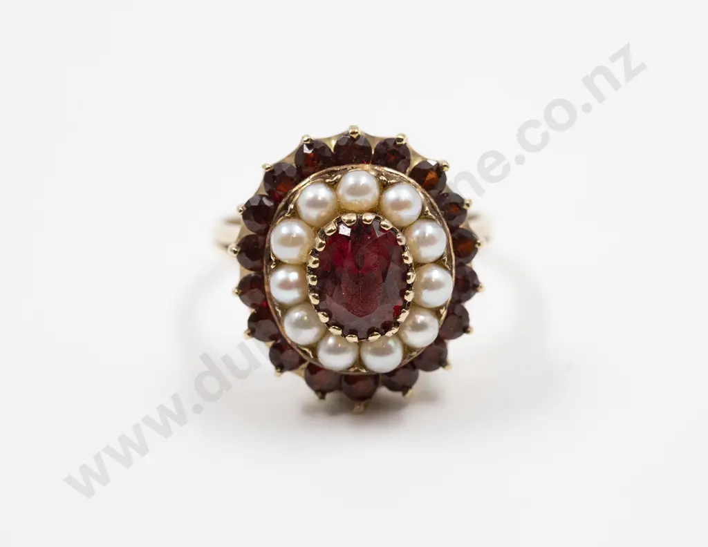 9ct Siffari Garnet and Cultured Pearl Cluster Ring Image 1++