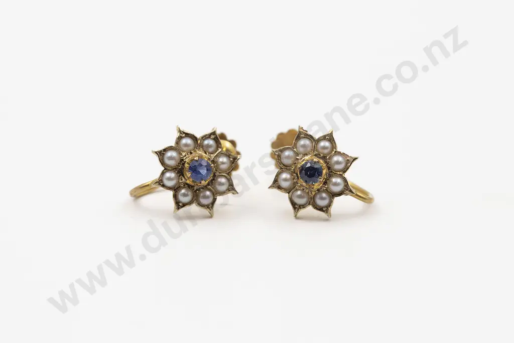 Pair 9ct Sapphire and Pearl Floret Cluster Earrings Image 1++