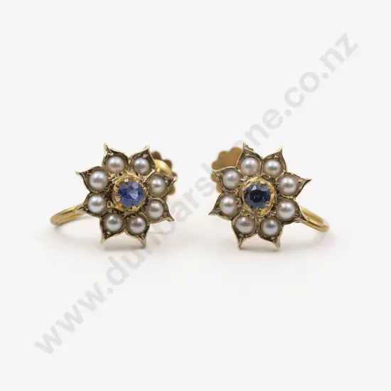 Pair 9ct Sapphire and Pearl Floret Cluster Earrings