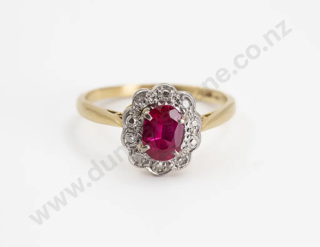 18ct & Platinum Eleven Stone Imitation Ruby and Diamond Cluster Ring Image 1++