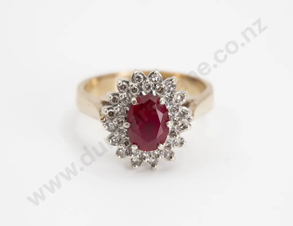 9ct Imitation Ruby and Diamond Cluster Ring Image 1++