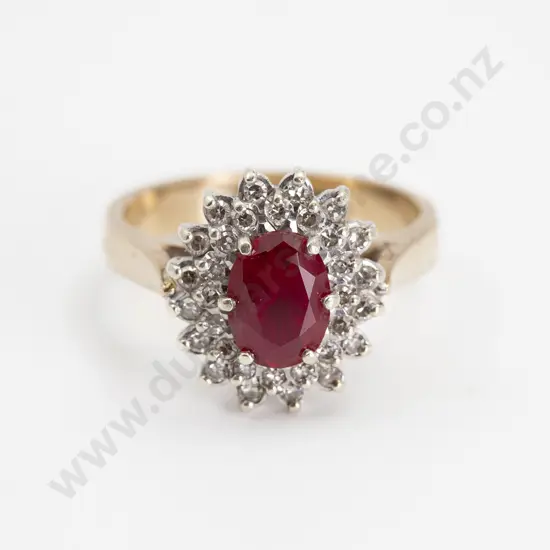 9ct Imitation Ruby and Diamond Cluster Ring