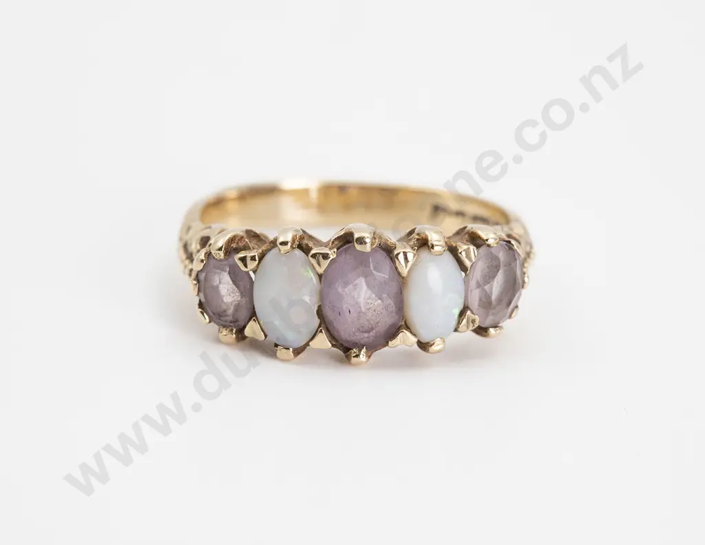 9ct Five Stone Amethyst and Opal Bridge Ring Image 1++